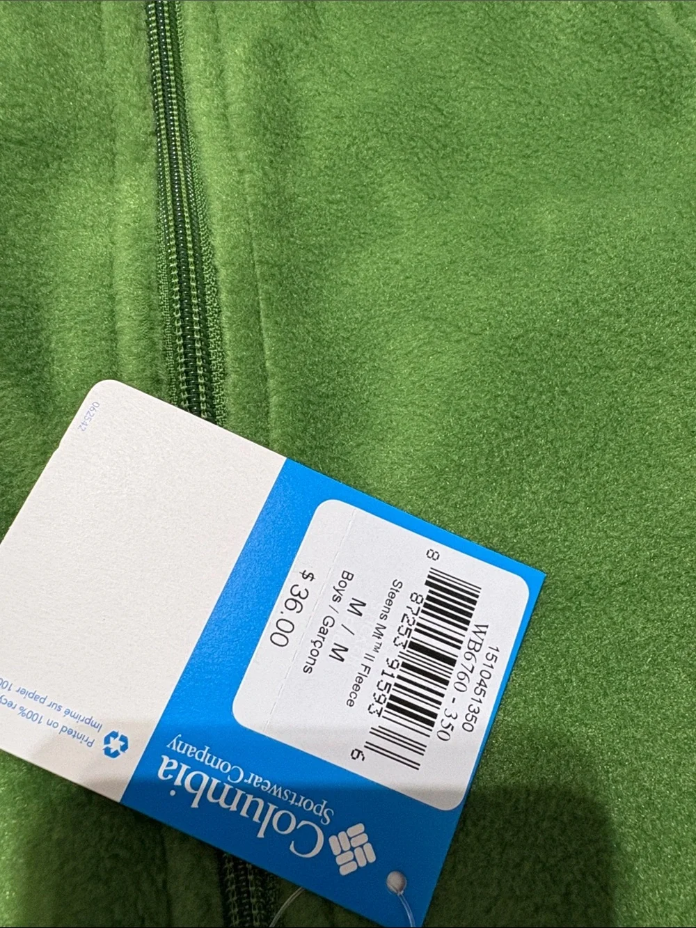 New Columbia green, full zip, fleece jacket, boys